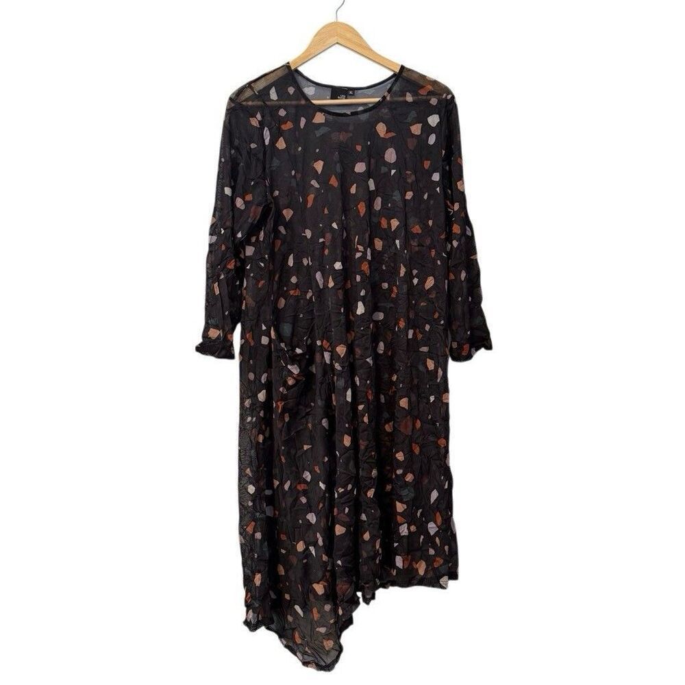 Lisa Bayne Printed Asymmetric Sheer Midi Dress XL Artsy Lagenlook Boho Chic